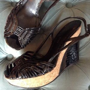 GIANNI BINI black patent cork wedge heels 7.5